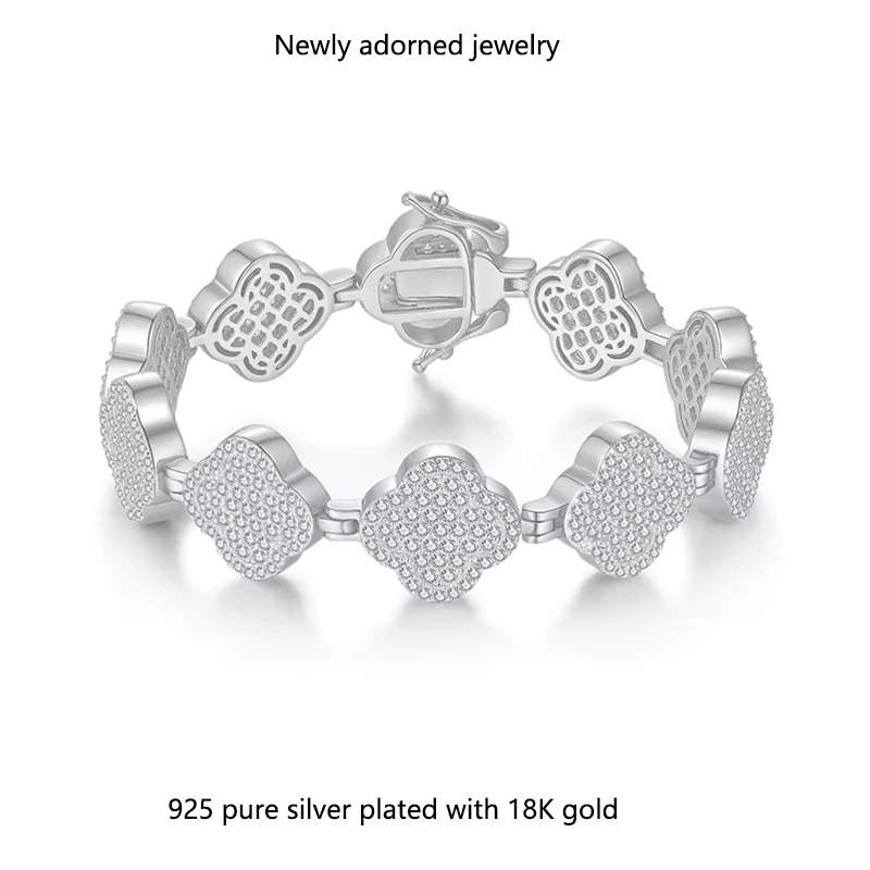 

925 Sterling Silver Moissanite 14mm Four-Leaf Clover Plated with 18K Gold Bracelet, European and American Fashionable Festival G