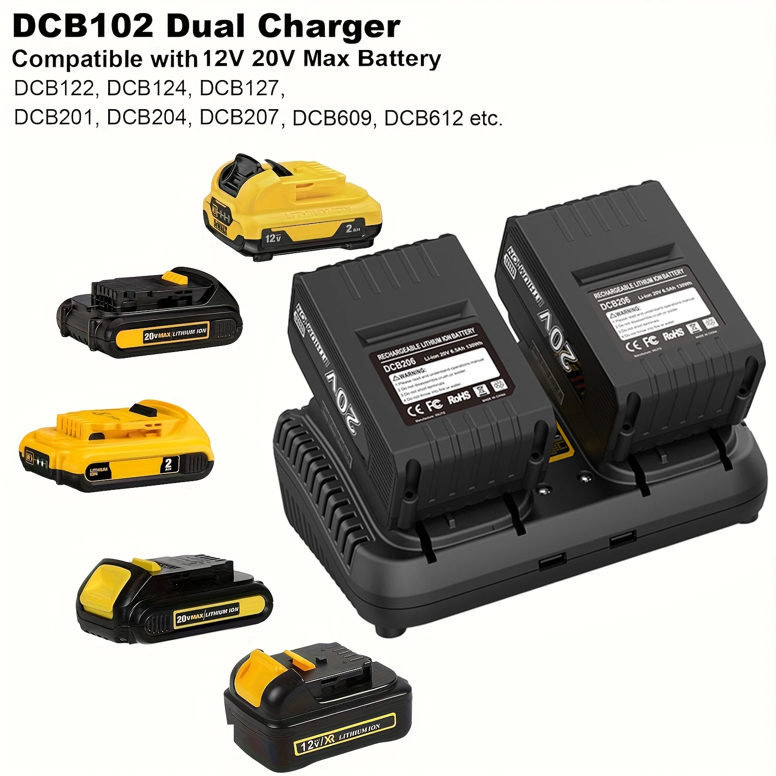DCB102 3A Fast Dual Charger For Dewalt DCB201 DCB204 DCB207 DCB122 DCB124 DCB127 For 12V 20V Lithium Battery
