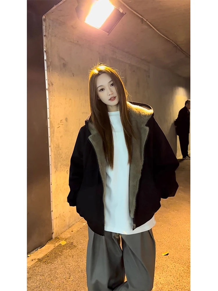 

Double-Sided Winter Thiened Fce Lined Cotton Jaet for Men Trendy Brand Quilted Warmth Hooded Casual Outerwear