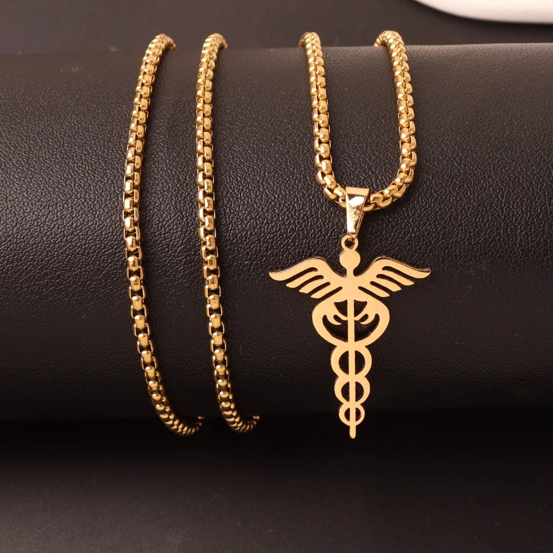 Staff Of Asclepius Necklace Medical Scepter Stainless Steel Caduceus Pendant Jewelry Doctor Nurse Graduation Gift