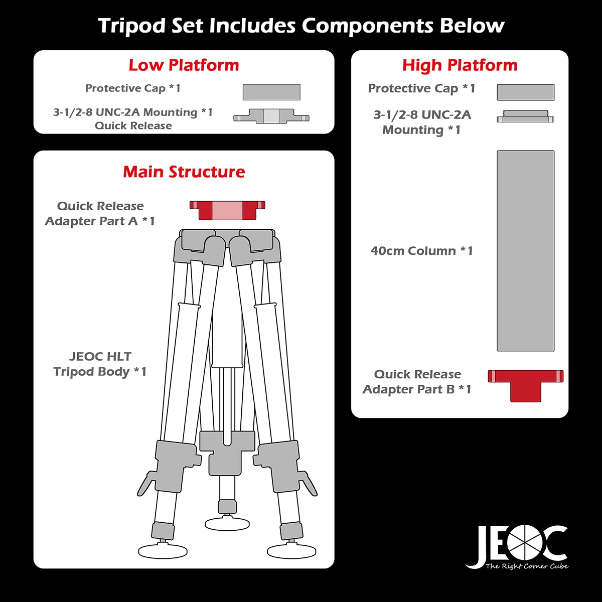 Trípode de carga pesada JEOC con kit de 40 cm de altura, para rastreadores láser Faro Leica API, 3-1/2-8 UNC-2A, con estuche de vuelo