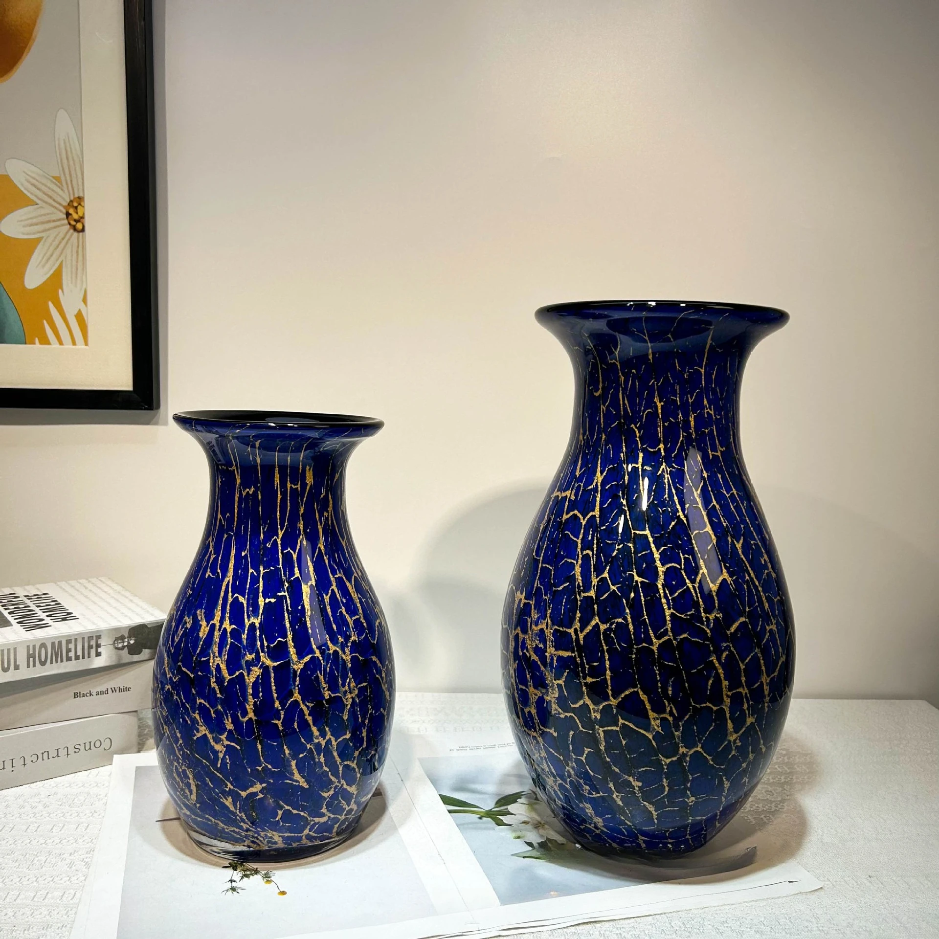 Neoclassical light luxury blue fried glass vase home office hotel lobby ornament model room advanced decoration