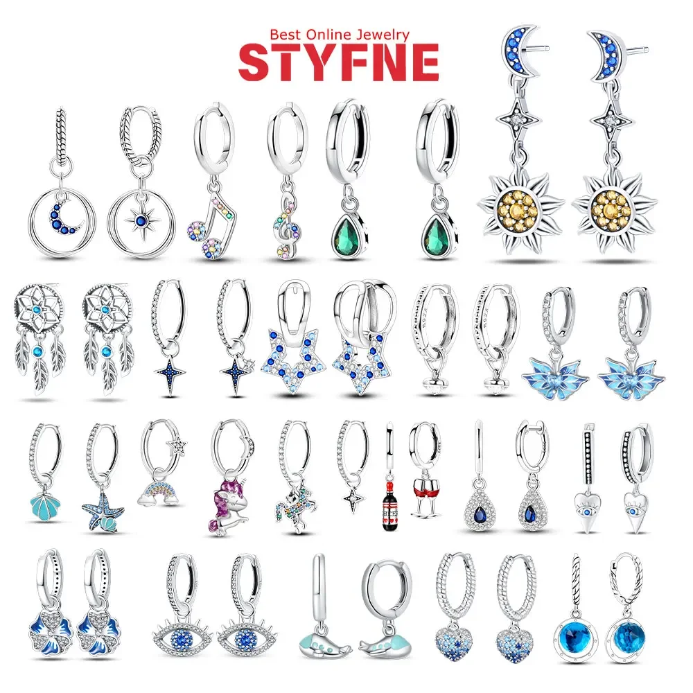 Original 925 Sterling Silber Creolen mit Mond, Stern, Sonne, Ahornblatt, Bösem Auge, Herz und Blauen Anhängern - Schmuckgeschenke für Frauen und Mädchen