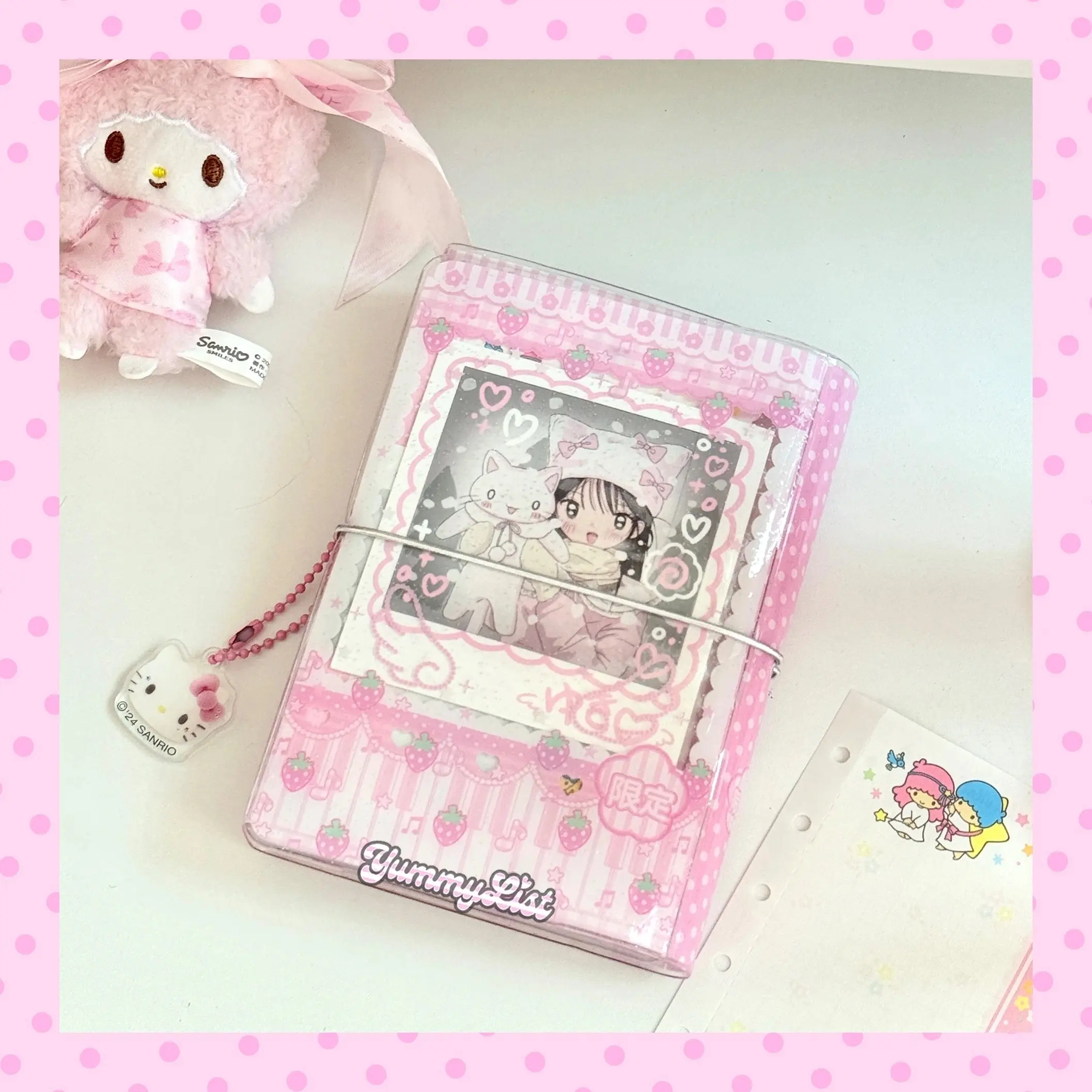 Kawaii A7 Pink Strawberry Binder Notebook, Cute Tri-fold Loose-Leaf Journal with Strap, Glitter Sparkle Cover Planner for Girls