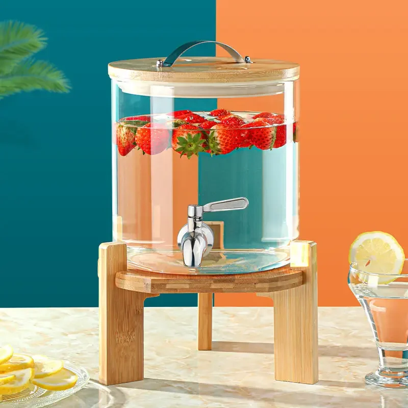 Wooden seat transparent juice tripod glass self-service beverage juice bucket 304 stainless steel faucet cooling kettle
