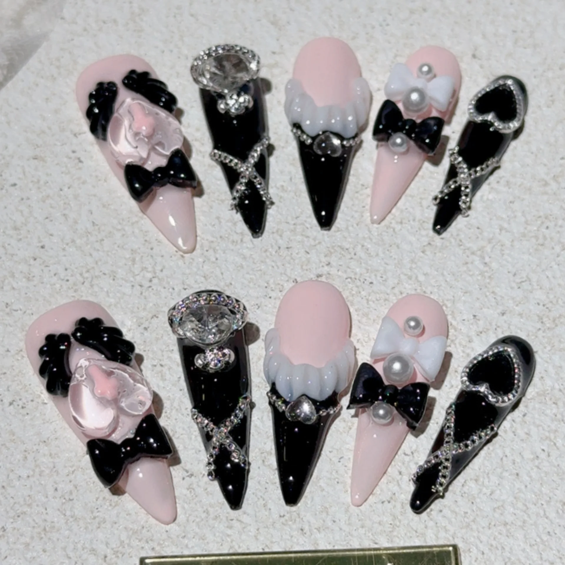 10pcs Wine Red Stiletto Fake Nails Long Diamond Flower Gyaru Glitter Handmade False Nail Tips Bow Pearl Design Press on Nails