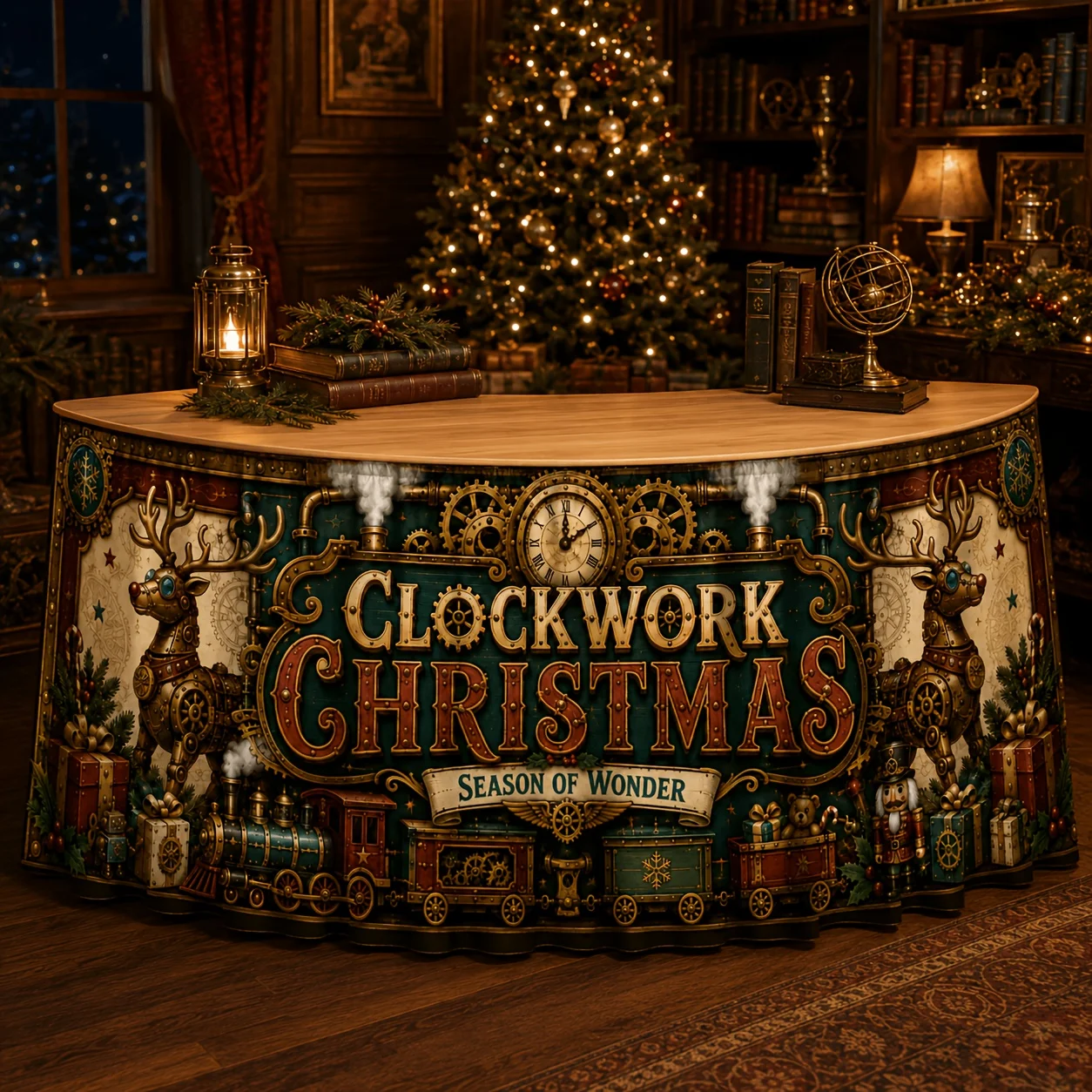 A steam punk table skirt with a print of mechanical reindeer and steam train gears