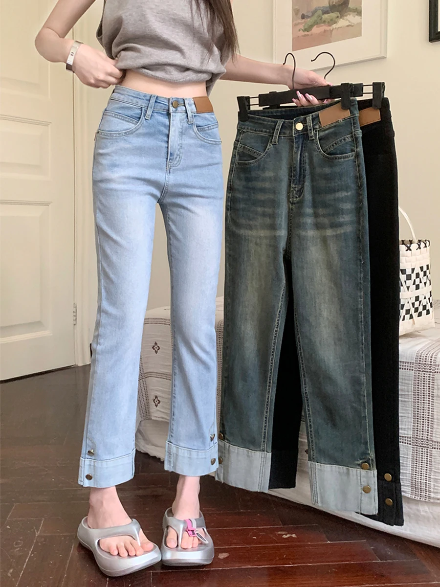 

plus Size High Waist Stretchy Nine-Tenths Jeans Women's Spring Autumn Slim Fit Straight Leg ing Tube Pants