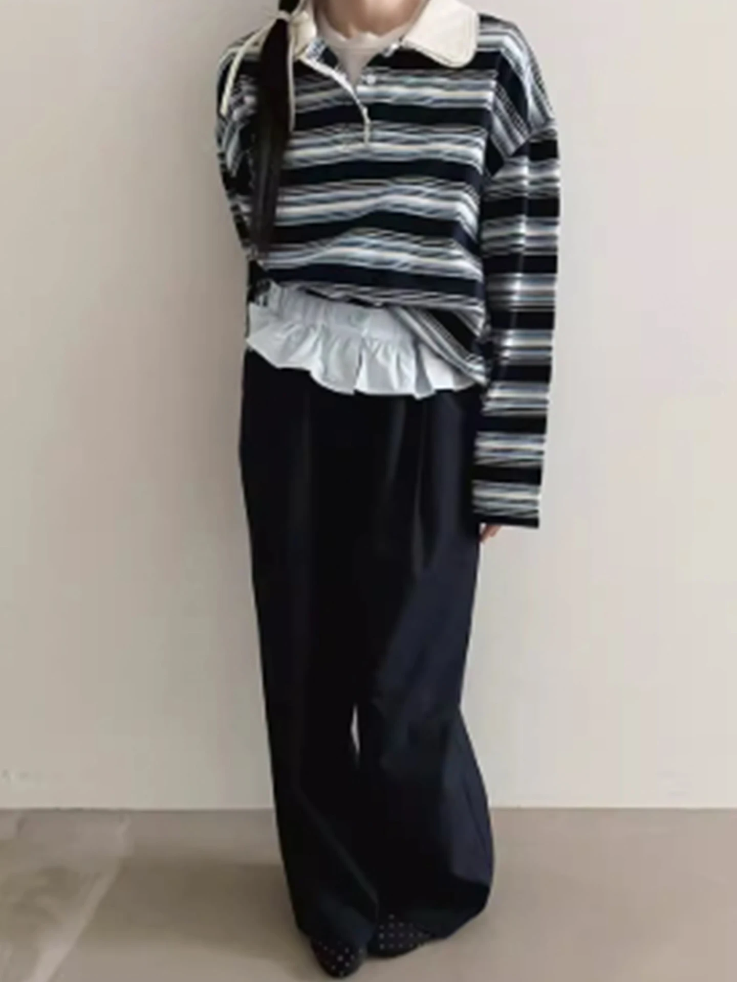 Casual High Waist Elastic Waist Color Block Pleated  Women's Pants Spring New Loose Straight Leg Trousers Fashionable Ladies