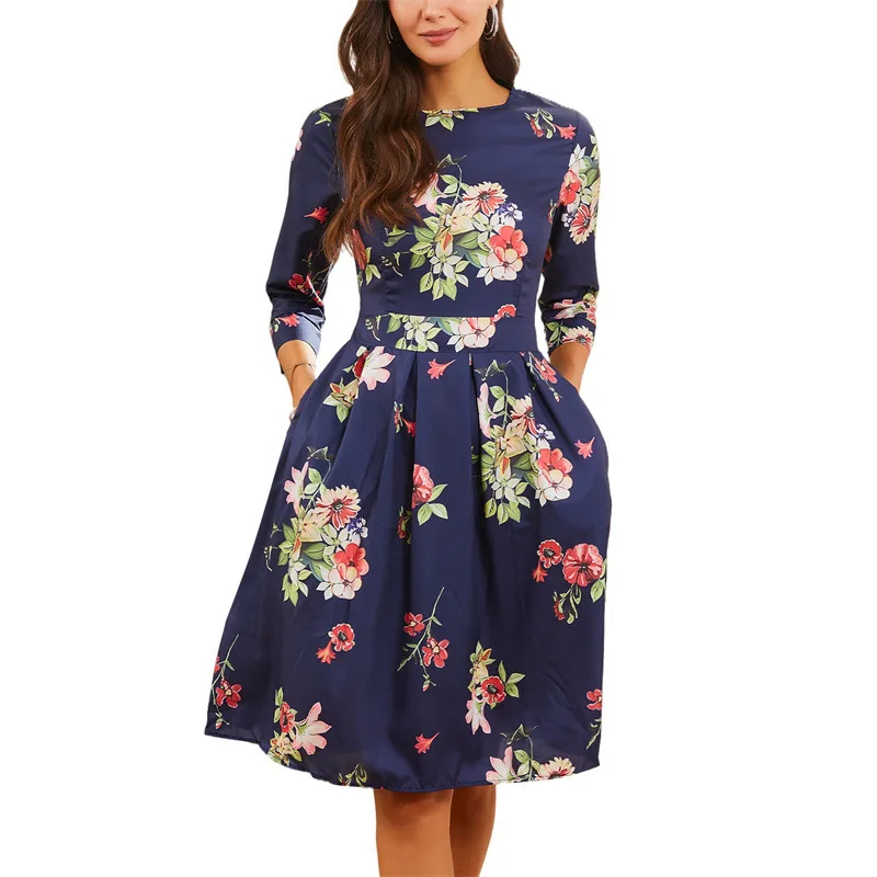 

Women's A-shaped dress, retro printing seven-quarter-sleeved round neck dress, princess dress, fashionable, simple and versatile