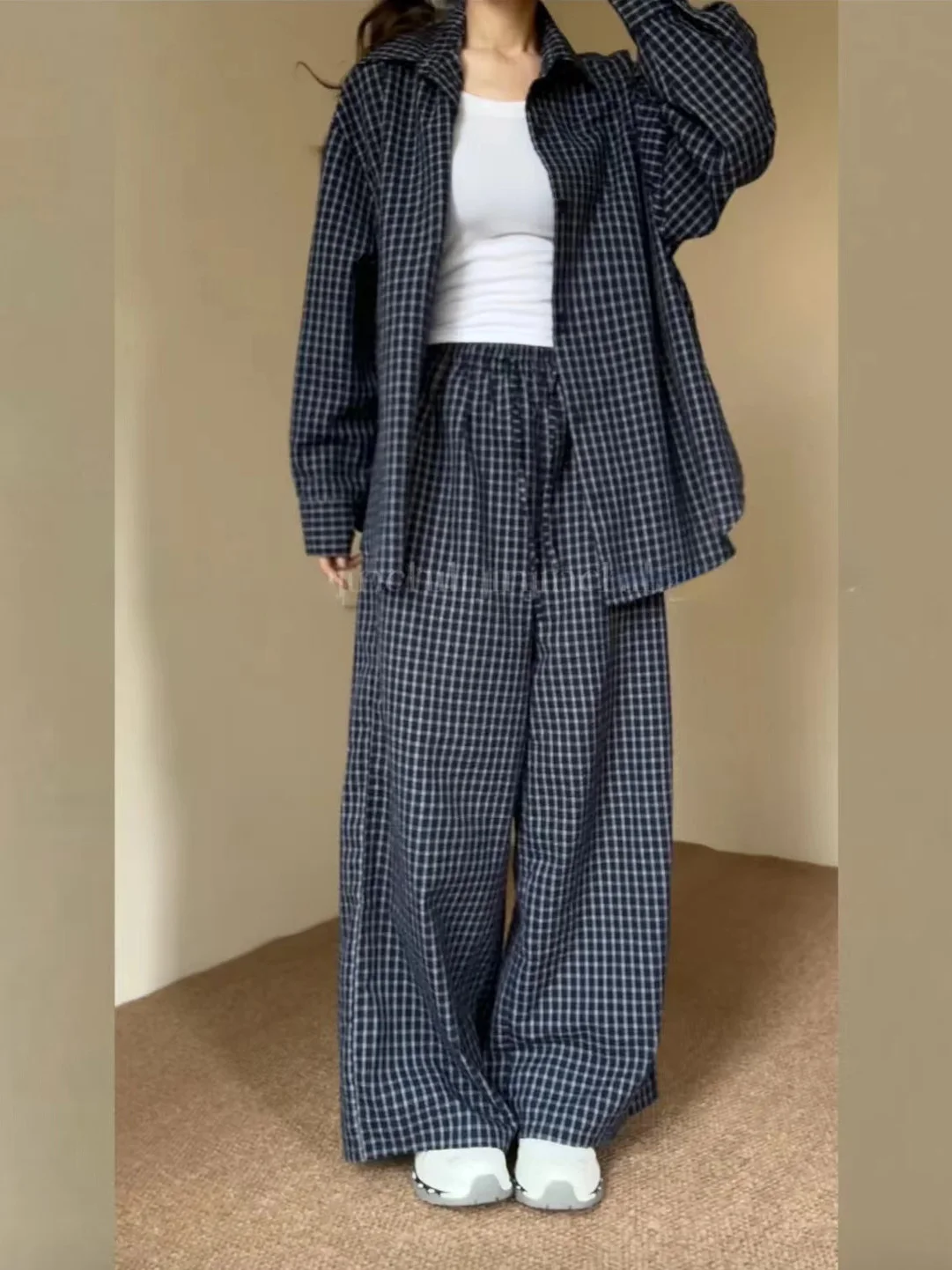 

Fashionable Plaid Neck Long Sleeve Shirt Women's 2026 New Casual Wide Leg Pants One Whole Fashion Set Spring Commute Style