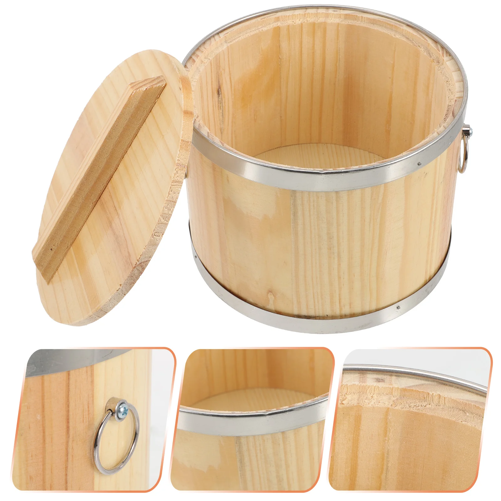 

Sushi Barrel Bucket with Cover Household Rice Container Round Shaped Steamed Kitchen Supply Wooden