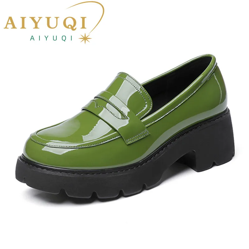 

AIYUQI Loafers Shoes Women Genuine Leather Spring Platform Women Plus Size Shoes British Style Fashion Green School Shoes Women