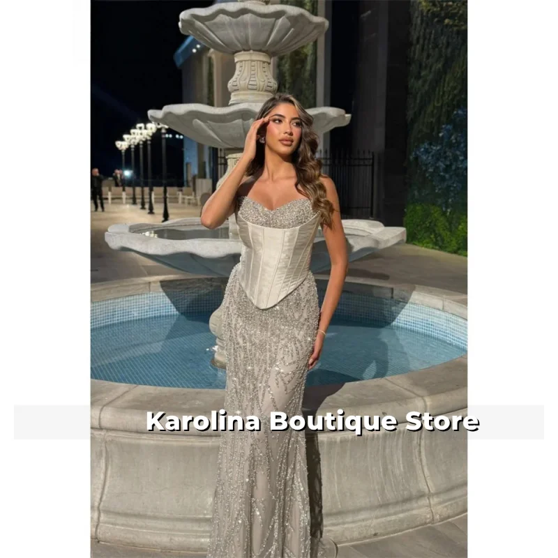 

Strapless Customized Gray Evening Dresses Sleeveless Back Lace-Up Prom Dress 2025 Floor-Length Wedding Party Formal Gowns