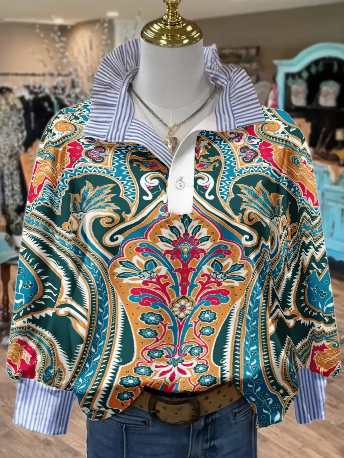 2026Women's striped personalized fashion shirt, multi-color striped collar, Orange gift box pattern