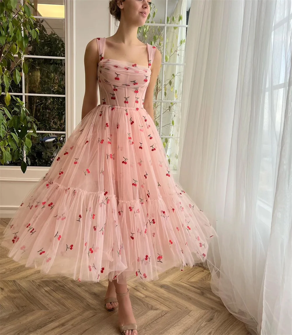 Customized  Saudi Arabia Dearin Spaghetti Strap A-line Tea Length Skirts Draped Tulle Sleeveless Bespoke Occasion Dresses