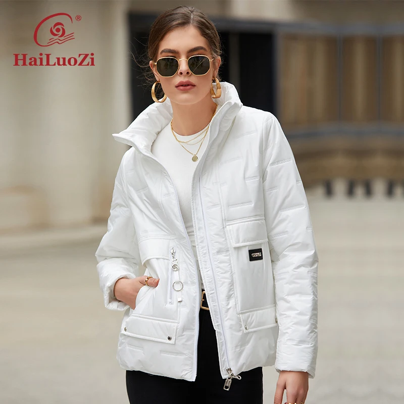 HaiLuoZi 2022 Spring Autumn Women Coat Fashion Big Pocket Jacket Women\'s Short Parka High Quality Female Outwear 7021