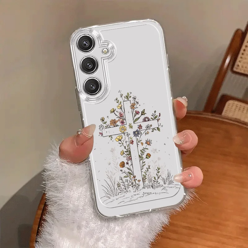 Floral Cross Illustration Transparent Phone Case for Samsung GalaxyA52 A53 A54 A55 A56 5G/S26 S23 S24 25 FEPlus Ultra soft cover