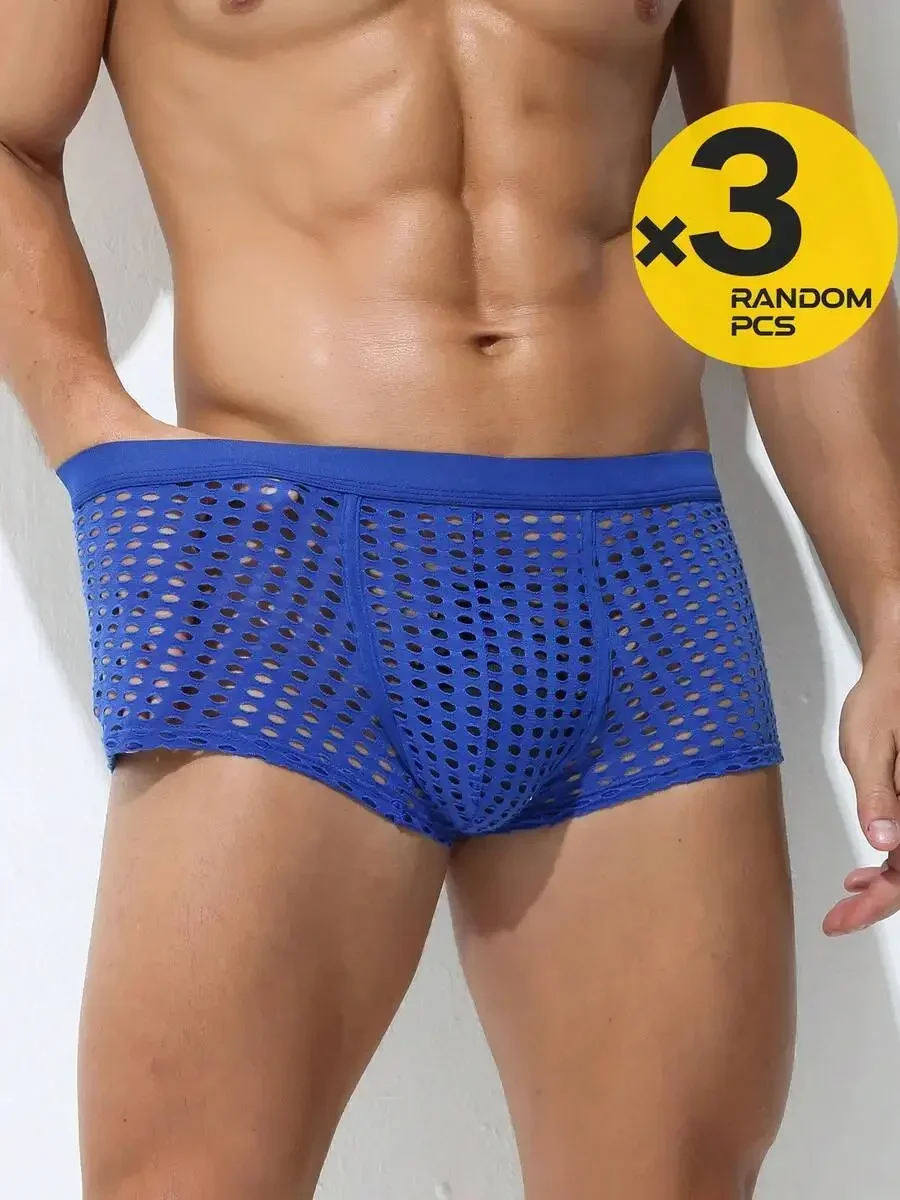 

3-Pack Mens Mesh Boxer Briefs - Nylon Stretch, Breathable Hollow Out Design, Elastic Waistband