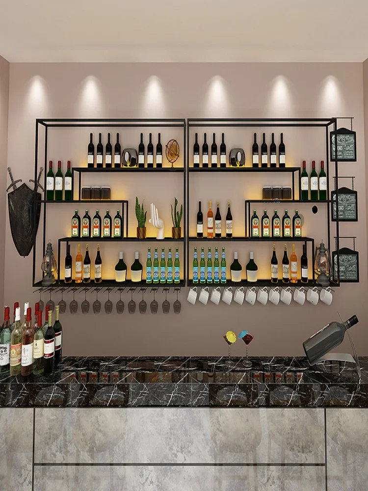 Bar wrought iron luminous retro bar wine rack Bar counter wall-mounted wine cabinet Home creative wine rack Display rack