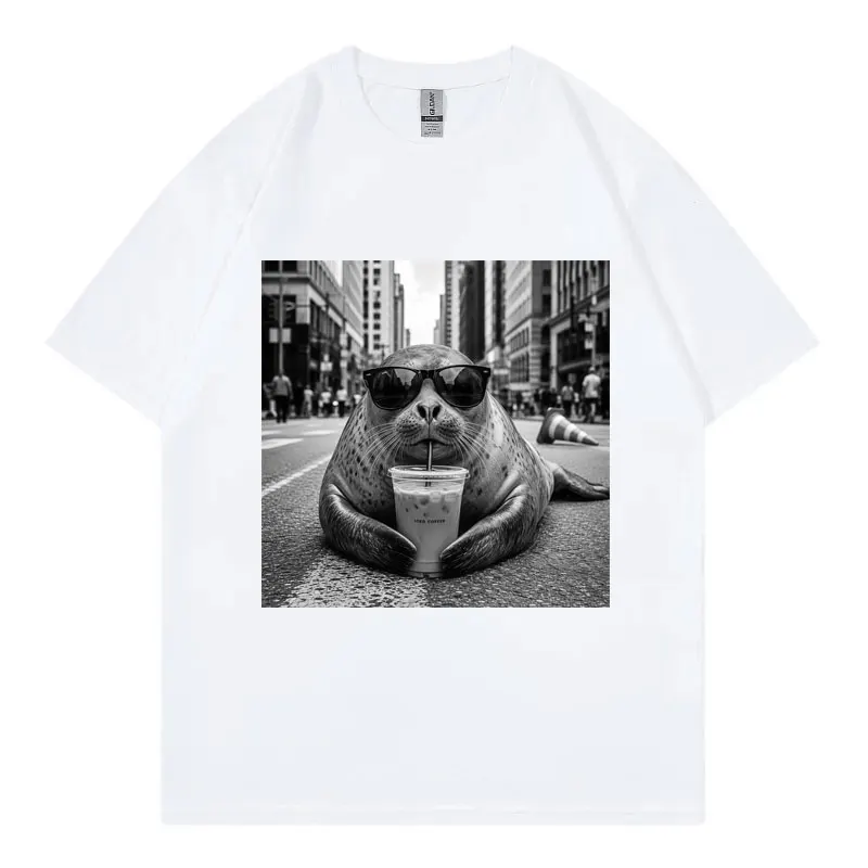 Neil The Seal Drinking Iced Coffee Funny Meme T Shirt Men Women Fashion Vintage T-shirts Summer Casual Loose 100%cotton T-shirt