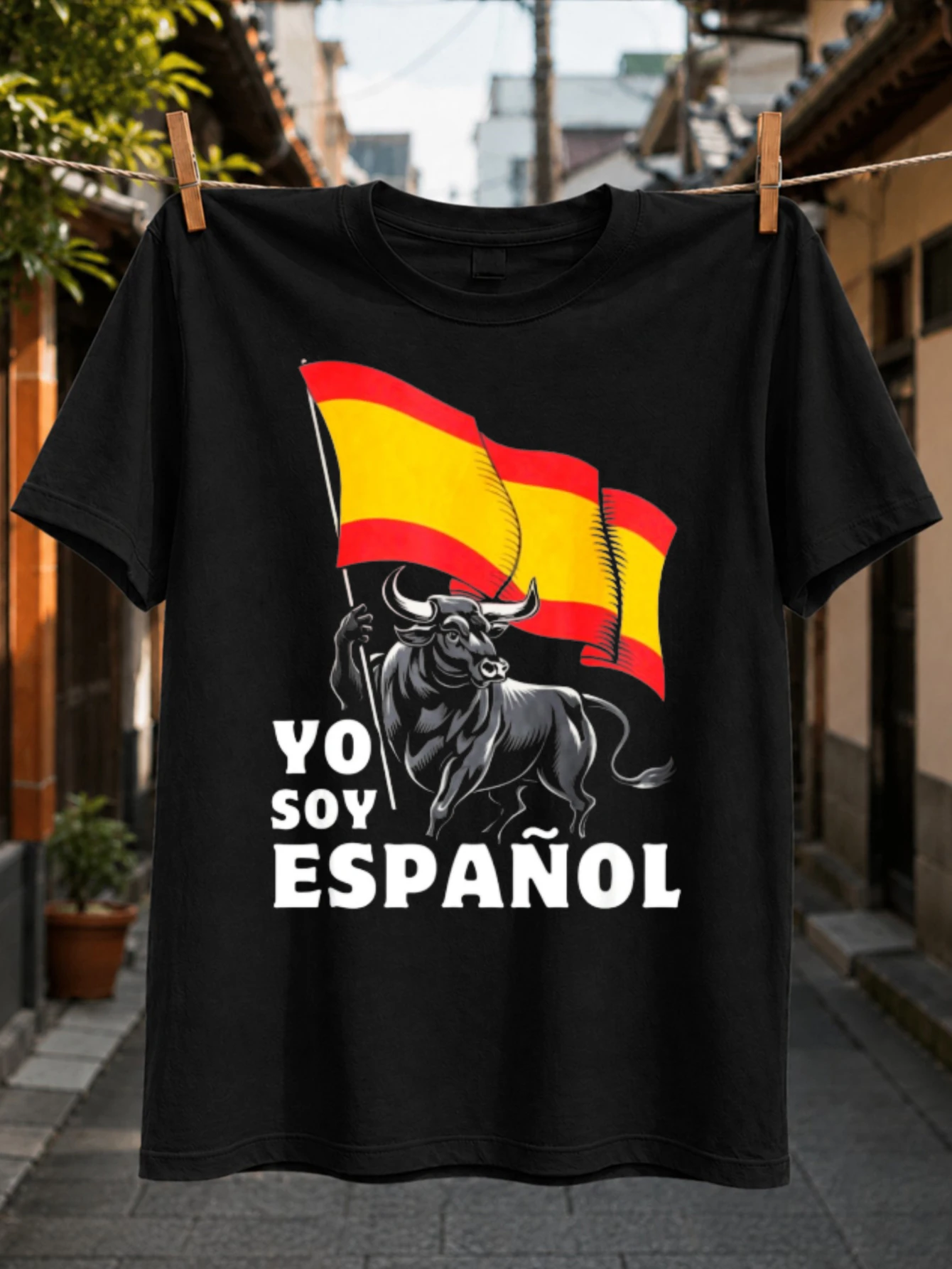 Yo Soy Espaol Spanish Fl-ag and Bull Graphic fighting bull in front of two waving red and yellow  Unisex All T-Shirt