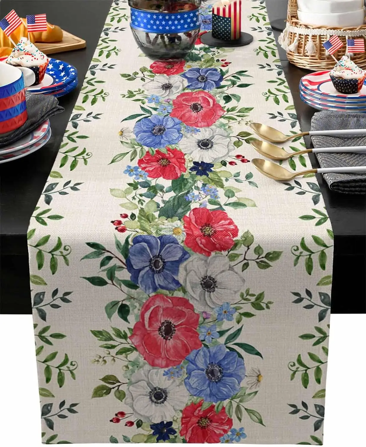 4th of July linen Table Runner Red White Blue Poppy Flower Green Leaves Independence Day Table Runner holiday dining party decor