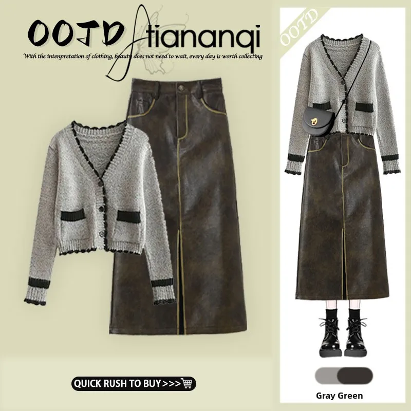 

Early Autumn New Sle Knitted Jaet Top And Skirt Two Piece Set Small Fraance Sle High Quali Vintage Hong Kong S...