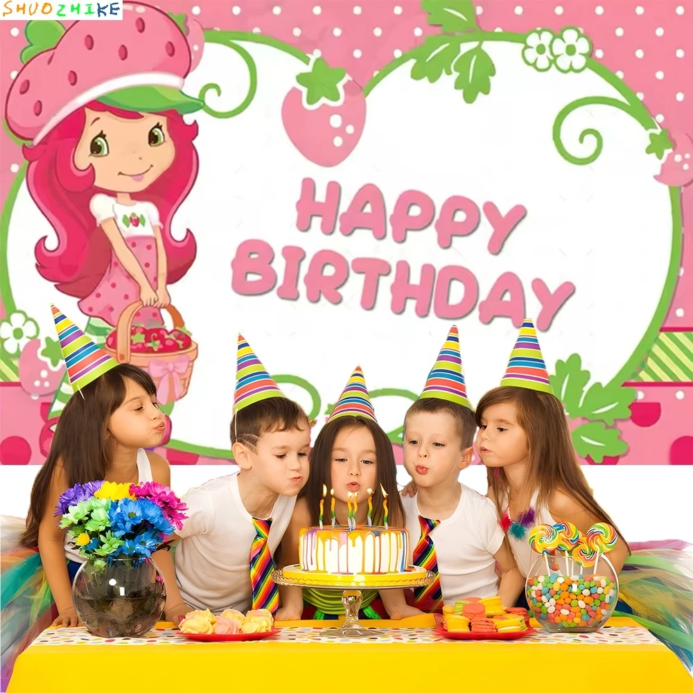 الكرتون الوردي لطيف الفراولة فتاة موضوع خلفيات للتصوير الفوتوغرافي حفلة عيد ميلاد الطفل دش الهدايا صور استوديو خلفية AY-01