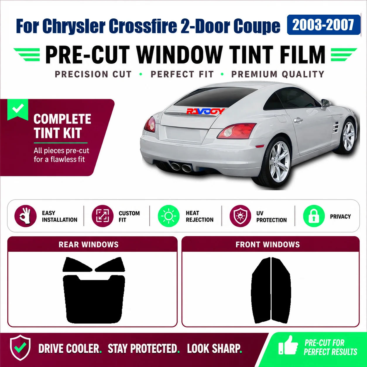 For Chrysler Crossfire 2-Door Coupe 2003-2007 Sun Shade Film Tailored Front & Rear Window UV Heat Rejection