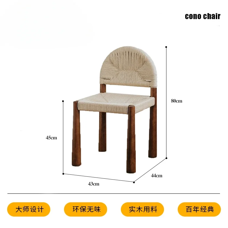 Mittelalterlicher Massivholz-Seilstuhl, Café, lässiger Esszimmerstuhl mit Rattan-Rückenlehne