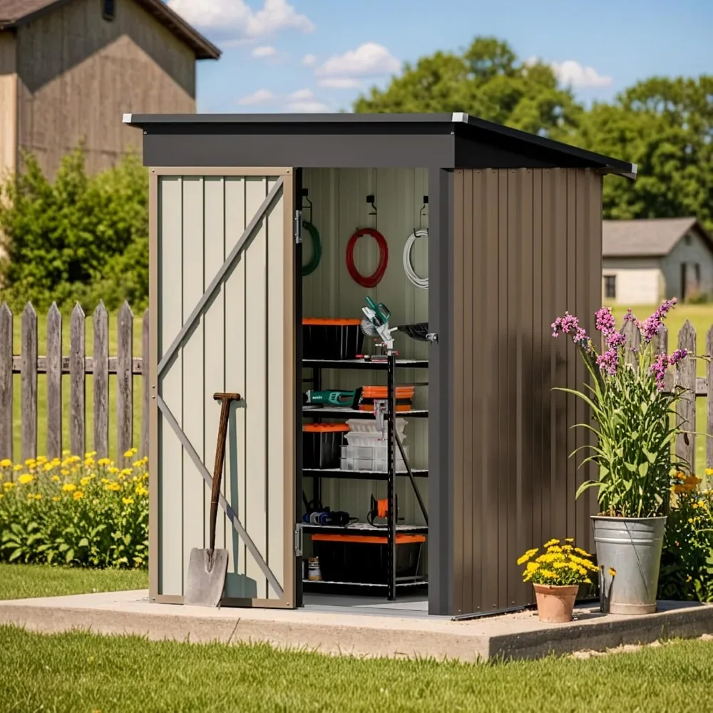 5x3 FT Outdoor Storage Shed, Metal Shed with Lockable Door & Sloping Roof, Steel Tool Shed for Backyard Patio Lawn, Brown