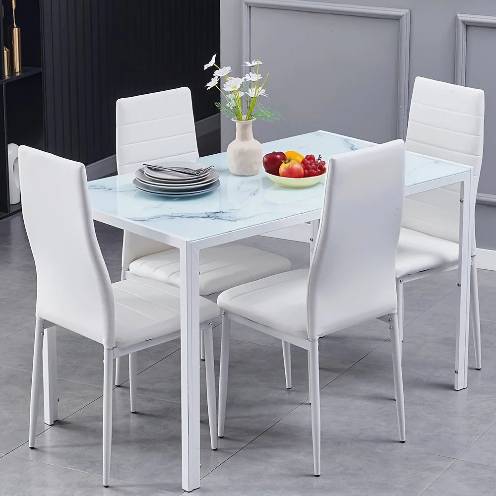 5pcs Modern Space-Saving Dining Table Set with Tempered Glass Tabletop & 4 Upholstered Chairs - Glass/Metal Kitchen Table and Chairs for Small Spaces, Apartment, for dinette, Easy Assembly, Non-Wood (Table & 4 Chairs)
