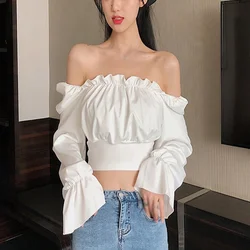 Women's Sexy Bandage Long Sleeve Shirt Slash Neck Solid Color Ruffles Crop Tops Ladies Chiffon Off Shoulder Blouse