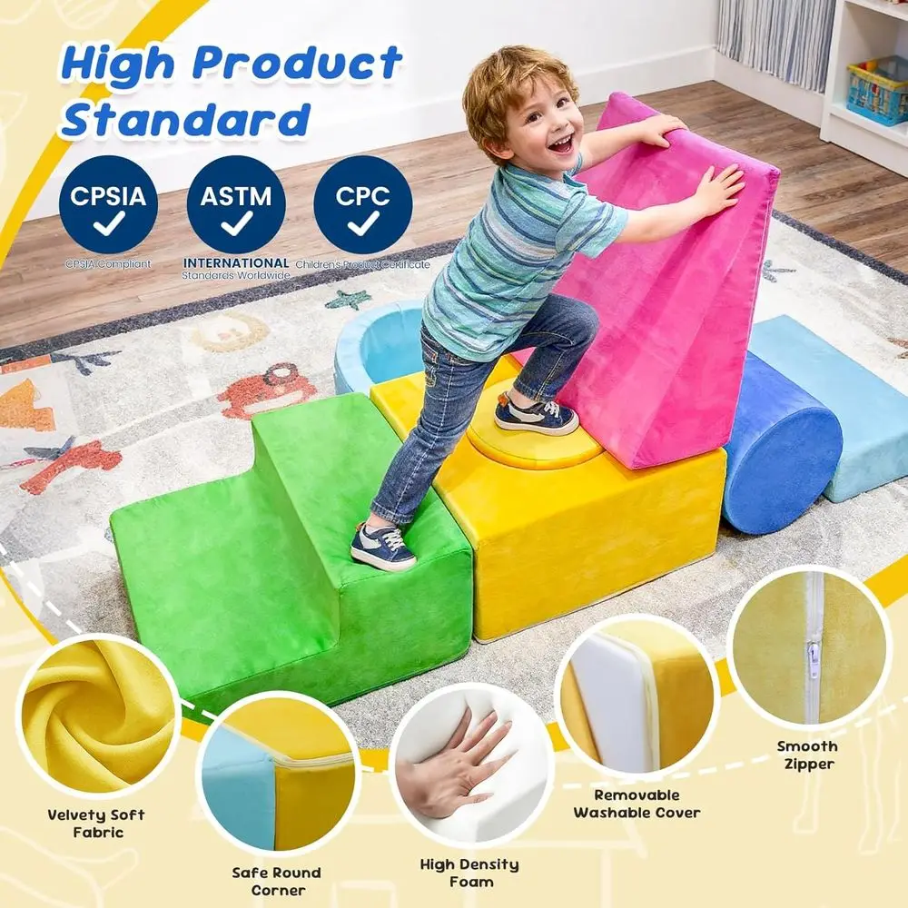 Set di blocchi di schiuma per bambini da 7 pezzi, palestra interna colorata per strisciare, arrampicata, scorrevoli, età 1-3 anni