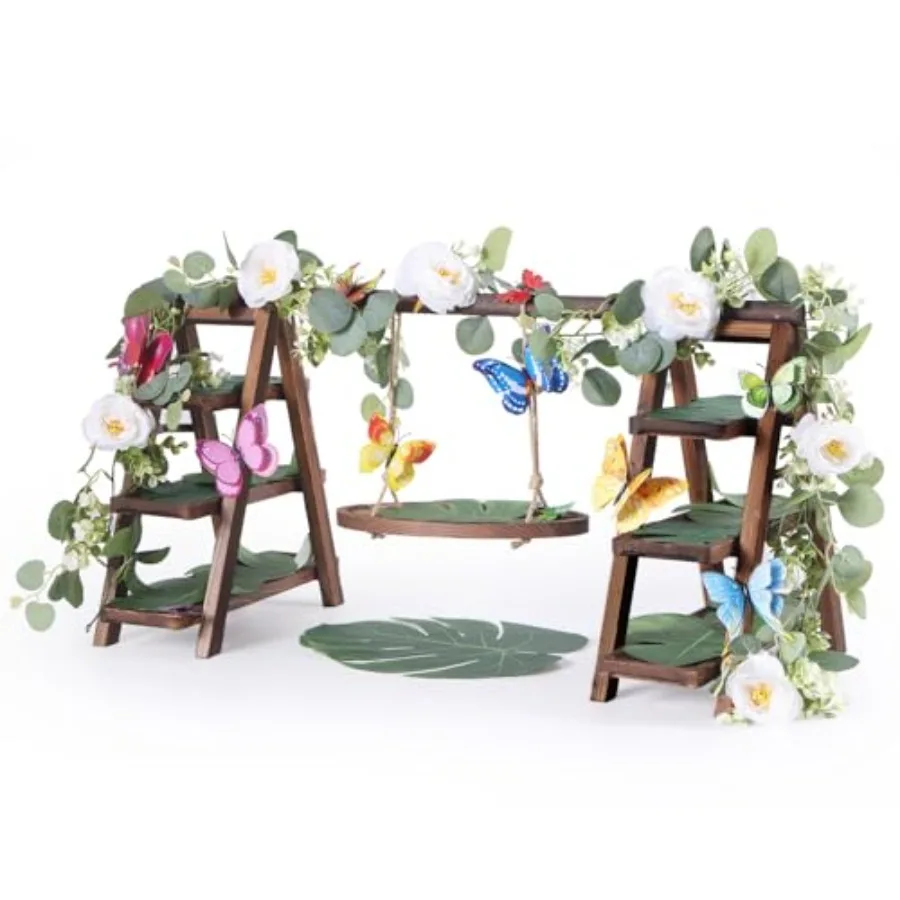 

Wooden 3 Tier Cupcake Stand with Flower Vine Palm Leaves and Decorative Butterflies Cupcake Holder for Tea Party Supplies Servi