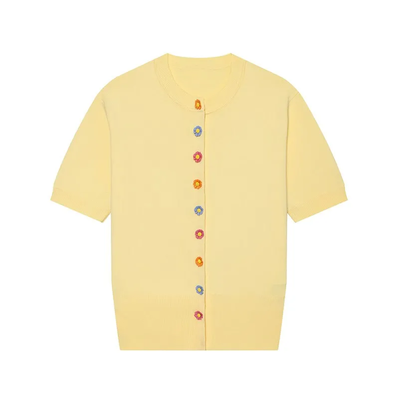 Image of Damen-Cardigan mit Blumenknöpfen – Neu 2026 Sommer Lässiger O-Ausschnitt Strick Kurzarm mit Rippbündchen Einfache Damen-Oberteile