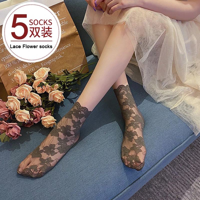 Elastic Socks Crystal Glass Silk Ultrathin Lace Literary Sale 5 Pairs Summer Transparent Lace Flower Mesh Anti Slip Short Socks