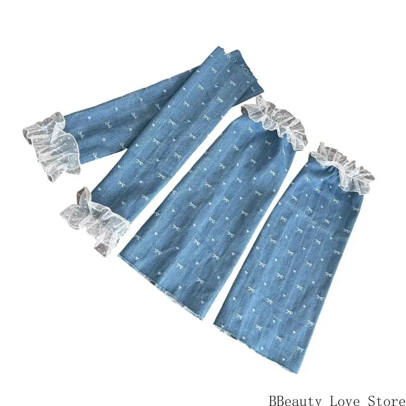 

Womens Harajuku Long Arm Leg Sleeves with Ruffle Lace Trim Bowknot Pattern Denims Arm Covers Flared Baggy Leg Warmers