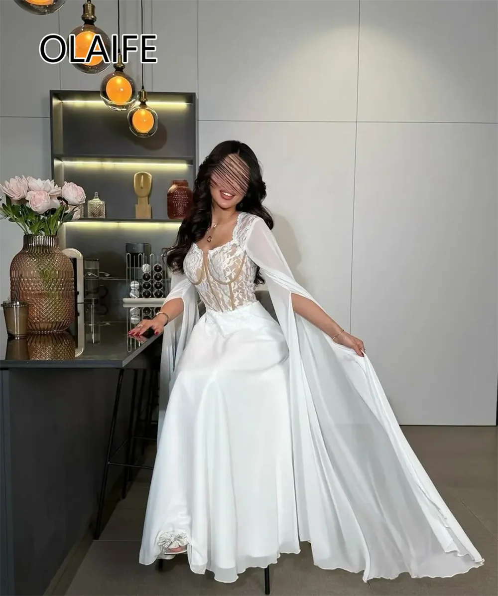 فستان شيفون رسمي أنيق بياقة على شكل قلب فستان عربي سعودي مشد دانتيل على شكل حرف a بطول الأرض فساتين سيهر مخصصة مع كيب