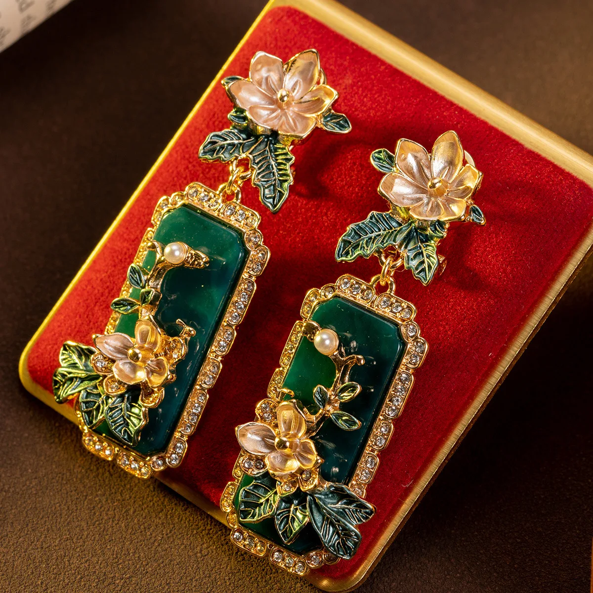 

Vintage Floral Drop Earrings with Pearl Accents Enamel Leaf Detail Elegant Oriental Style Jewelry for Women Party Gift Idea