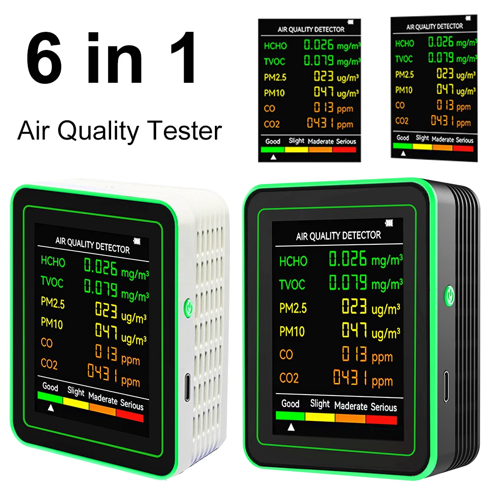 6 In 1 Air Quality Detector Carbon Dioxide TVOC HCHO Detector PM2.5 PM10 HCHO TVOC CO2 CO Meter Formaldehyde Detector for Indoor