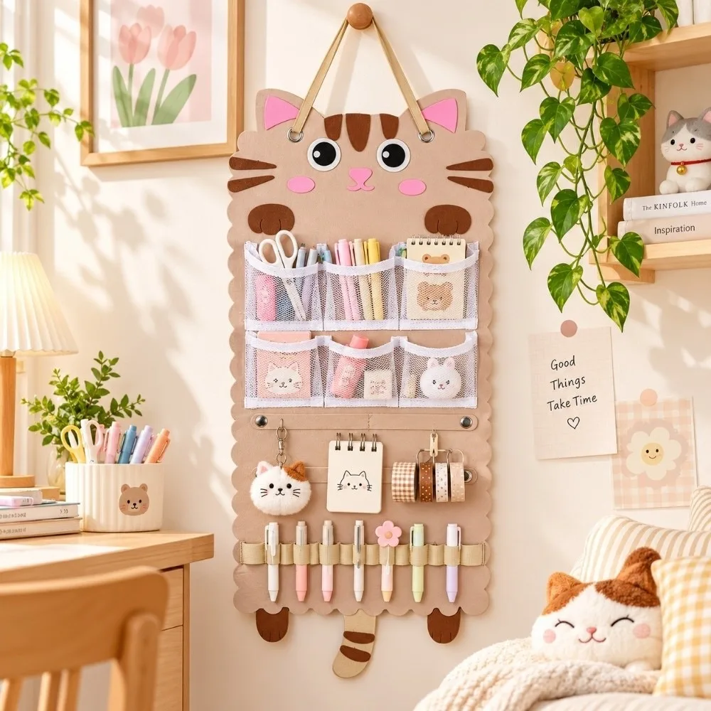 Mesh Pockets Felt Hair Clip Storage Bag Wall-mounted Cartoon Cat Hanging Headband Holder Large Capacity Classification