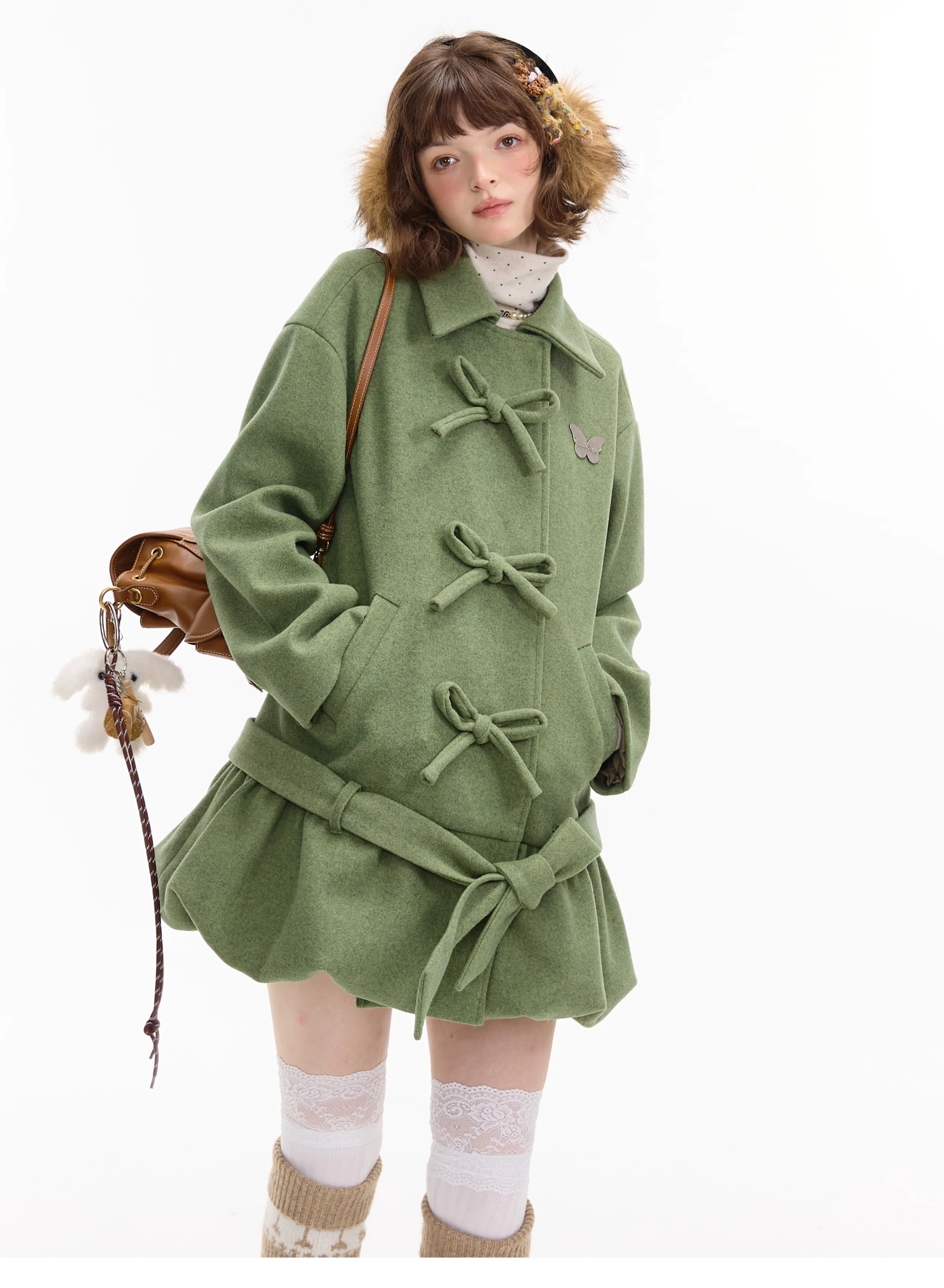 2025 Autumn Winter New American Retro Design Women's Bow Belt Design Loose Casual Mid-Length Green Blue Wool Coat