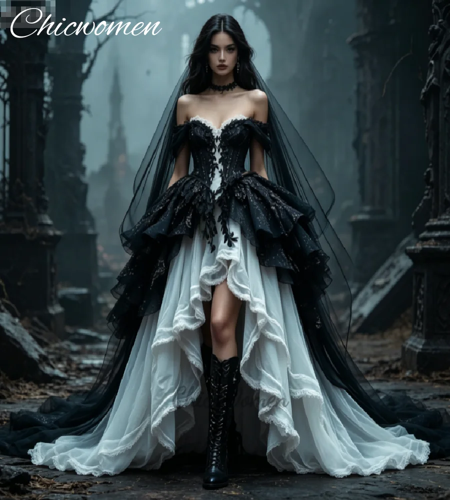 High Low Black White Lace Gothic Bridal Gown with Tiered Tulle Skirt Dark Romance Vibes Witchy Halloween Wedding Party Dress