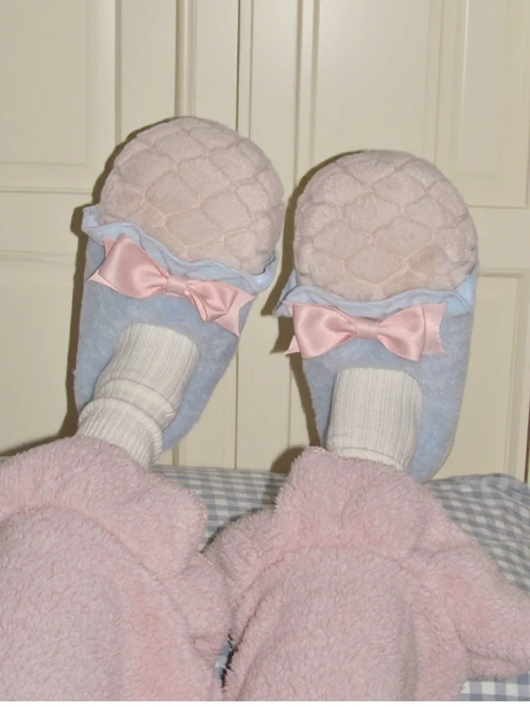Women's Winter Home Slippers with Girlish Bow & Ice Cream Design Sweet Fleece Warm Maternity Shoes