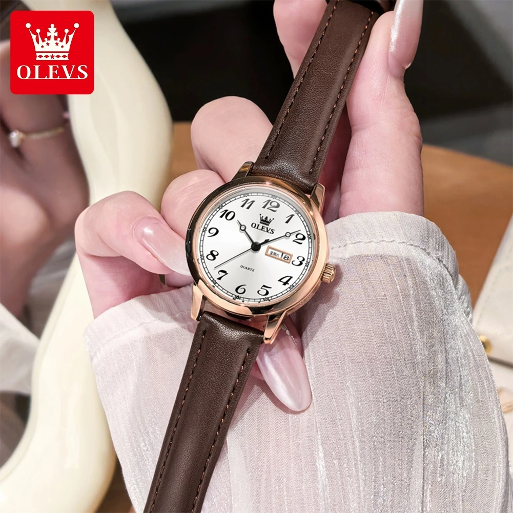 ساعات OLEVS Leisure Fashion النسائية بمقياس الأرقام العربية المقاومة للماء كوارتز أصلية لساعة يد بحزام جلدي للسيدات #3
