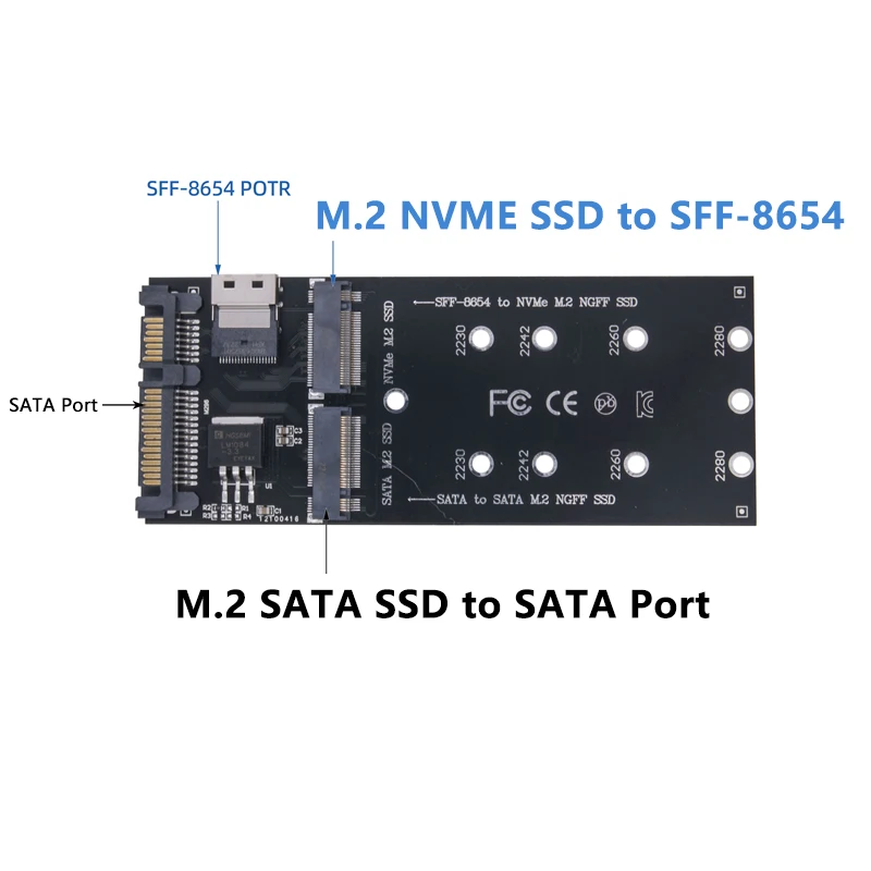 SFF-8654 To NVME M2 SSD + 22Pin SATA To M.2 NGFF SATA SSD Adapter Converter Riser Card Expansion Board Supports 2230-2280 M2 SSD