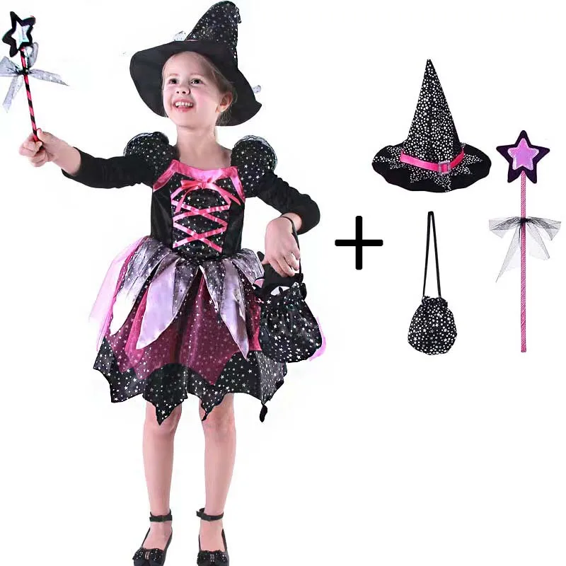 Kinder Glitzer-Stern-Hexen-Kostüm Langarm Unregelmäßiger Netzrock Komplettes Zubehör Mädchen Halloween Trick-Or-Treat Partykostüm – Detail 4