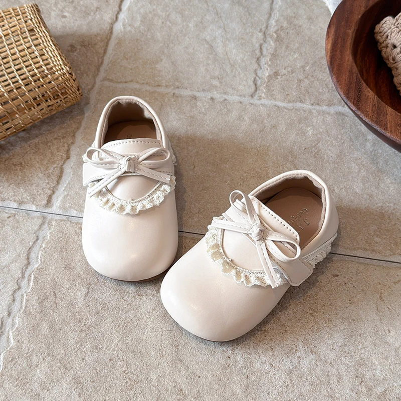 JGSHOWKITO Girls Mary Jane Shoes Lace Ruffle Trim Bow Princess Causal Children Dress Flat Shoes Wedding Party Kids Leather Shoes